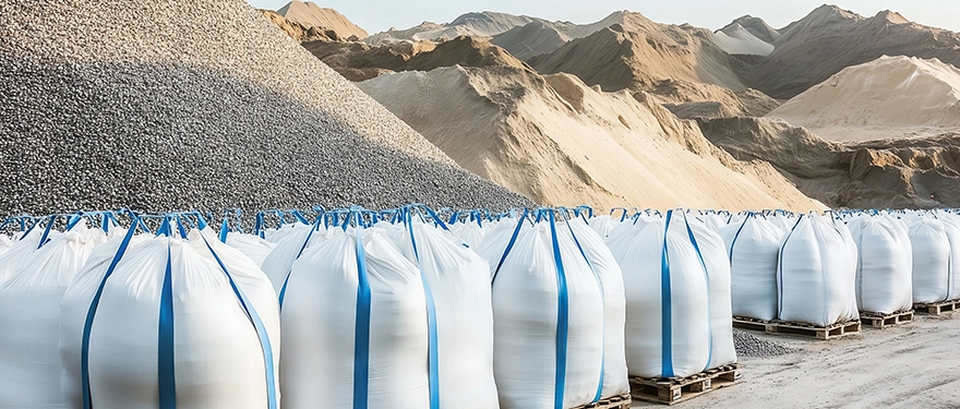 White bulk bags storing construction aggregates